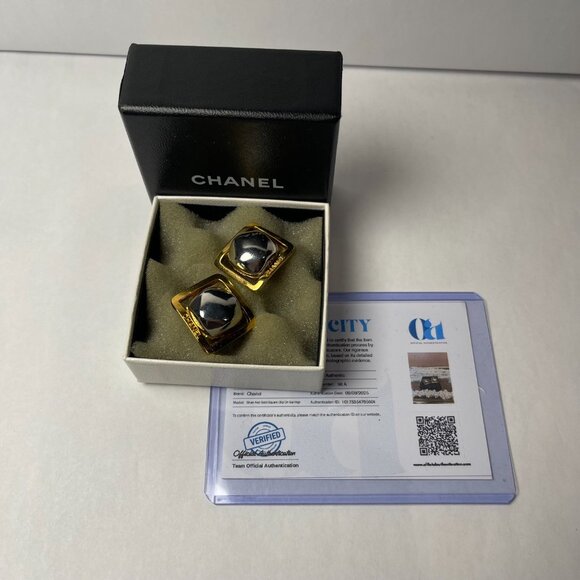 Chanel Vintage 24K Gold Plated and Silver Square Bead Clip-On Earrings- Preowned - Picture 5 of 12